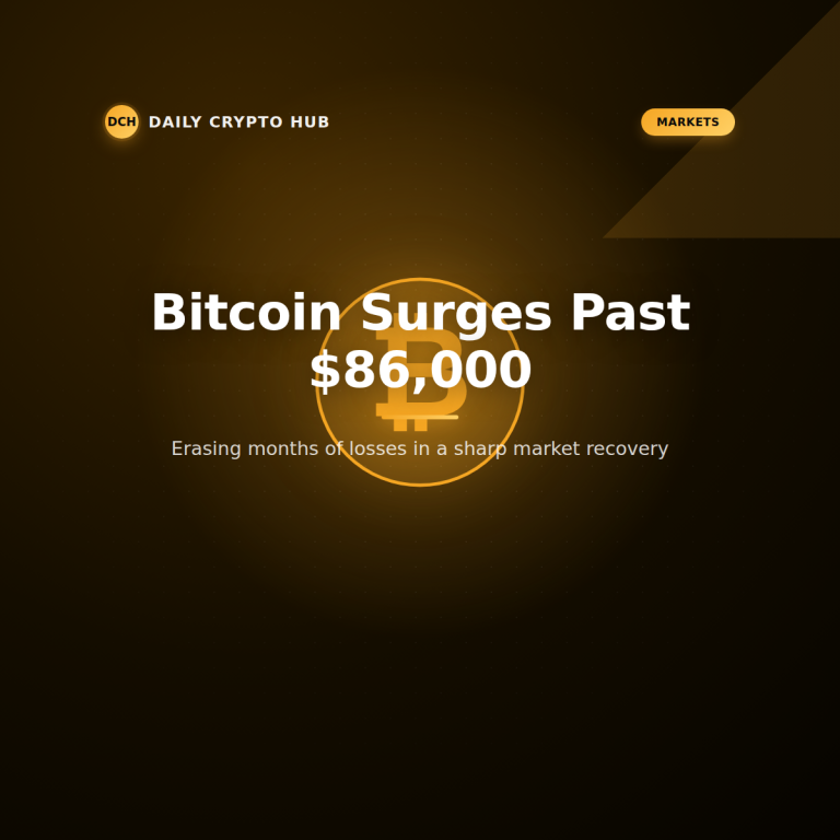 Bitcoin price surging past 86,000 dollars, Daily Crypto Hub Markets graphic